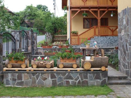 a garden with potted plants on a stone wall at Pensiunea Elisabeta in Sovata