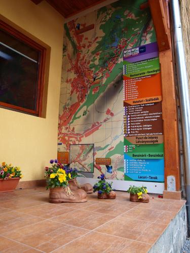 a wall with flowers in pots on the floor at Pensiunea Elisabeta in Sovata