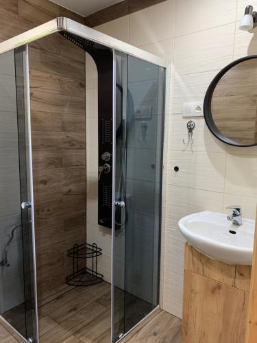 ein Bad mit einer Dusche und einem Waschbecken in der Unterkunft Domek pod smrekami in Ropa