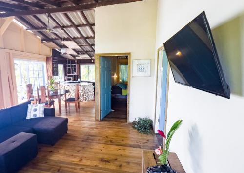 a living room with a couch and a tv on a wall at Mosana Reef Garden B&B in Bocas del Toro