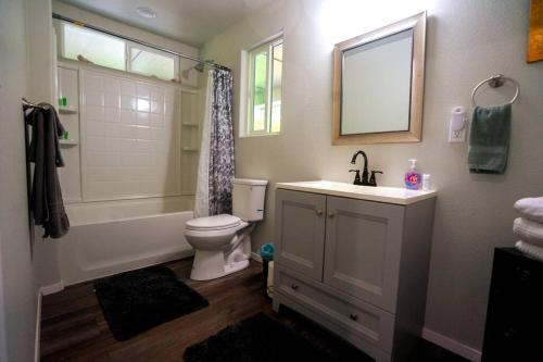 a bathroom with a toilet and a sink and a shower at Private House Located between Volcano and Hilo in Mountain View