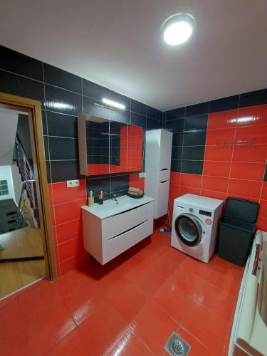 a kitchen with a sink and a washing machine at Apartman Riki in Sarajevo