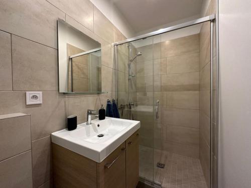 a bathroom with a sink and a shower at 1 Appartement OU Chambres privées en centre ville Choisissez UNE option in Bonneville