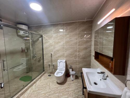 a bathroom with a shower and a toilet and a sink at Hotel Golf Coast in Kinshasa