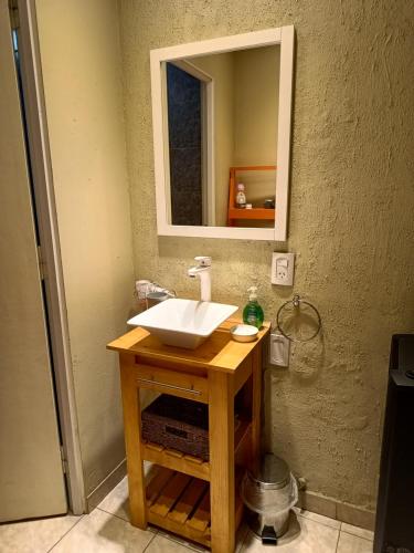 a bathroom with a sink and a mirror at Soño Lugar in El Calafate