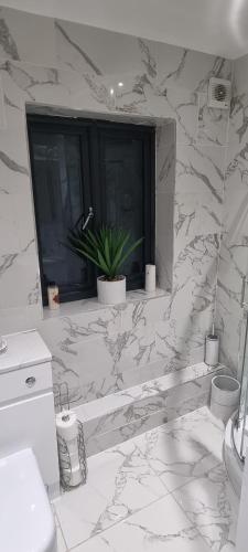 a white bathroom with a window and a plant at Beautiful Rooms with free on street parking in Sydenham in Forest Hill