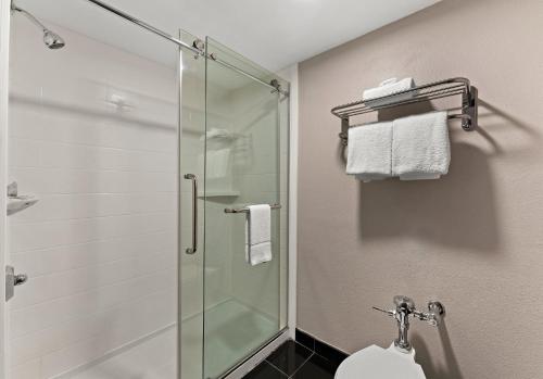 萊登的住宿－Red Roof Inn Reading，一间带玻璃淋浴和卫生间的浴室