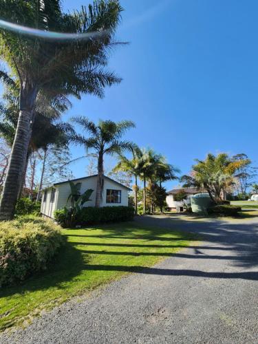 a house with palm trees on the side of a road at Bay of Islands Holiday Park in Paihia