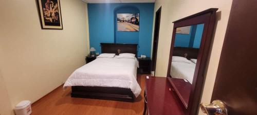 Dormitorio pequeño con cama y espejo en METROPOLITANO HOTEL en Riobamba
