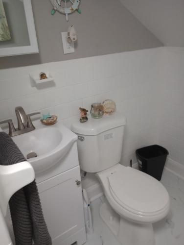 a white bathroom with a toilet and a sink at Cozy Suburban Nest in Hopewell