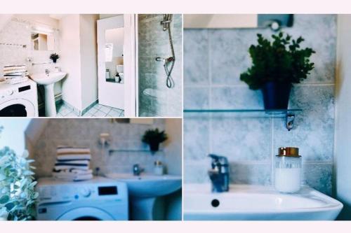 un collage de quatre photos d'une salle de bains dans l'établissement Le Saint-Gildas - parking privé - Belle Isle, à Châteauroux
