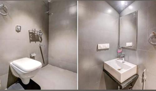 Hotel Deluxe Residency في مومباي: صورتين لحمام مع مرحاض ومغسلة