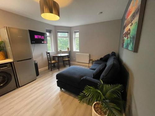 a living room with a blue couch and a tv at 3- Lovely 1 Bed Apartment extra sofa bed-West Midlands 