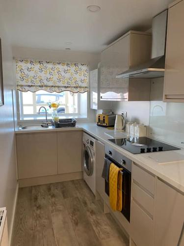 a kitchen with a sink and a washing machine at The Lions Den flat at the red lion public house. in Newbridge