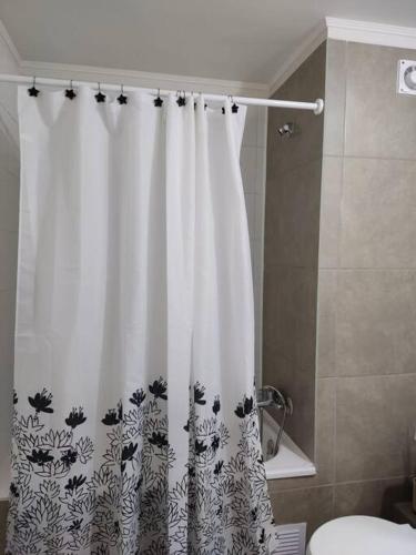 y baño con cortina de ducha y aseo. en Apartamento condominio Arica, en Arica