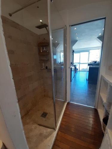 - une douche à l'italienne avec une porte en verre dans l'établissement Cabanon Vue mer et calanques Les Goudes, à Marseille