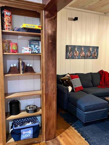 a living room with a couch and a book shelf at Golden Acres Ranch Hot Tub+Gameroom+Creek & wifi in Highlands
