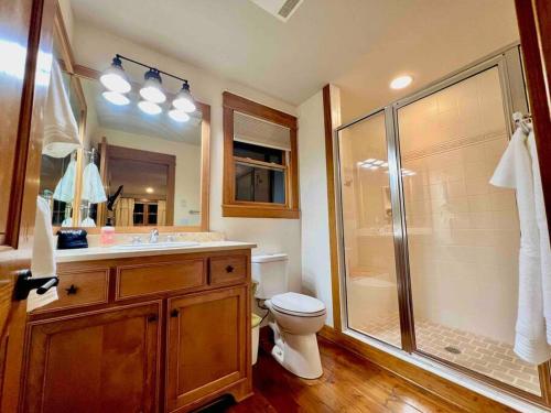 a bathroom with a shower and a toilet and a sink at Golden Acres Ranch Hot Tub+Gameroom+Creek & wifi in Highlands