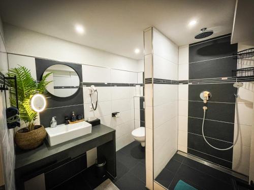 a bathroom with a shower and a sink and a toilet at Deine-Ferienwohnung in Mahlberg