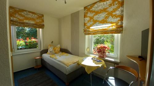 - une petite chambre avec un lit et 2 fenêtres dans l'établissement Pension Füg, à Dresde