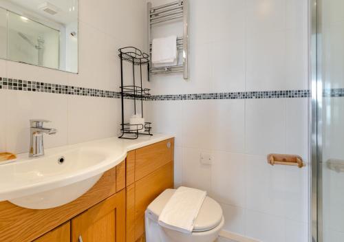 a bathroom with a sink and a toilet and a shower at Gartree Cottage in Fowey