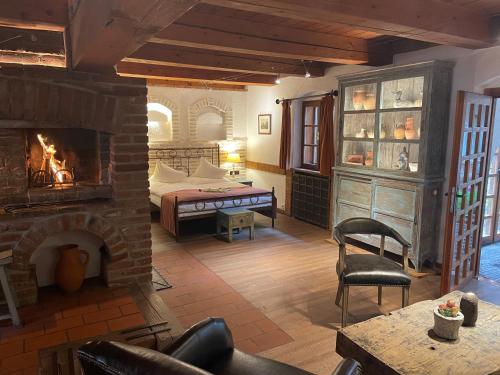 a living room with a fireplace and a bedroom at Romantik Hotel U Raka in Prague