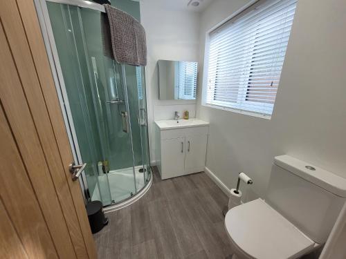 e bagno con doccia, servizi igienici e lavandino. di Midland Close Bungalow - With separate office space by Catchpole Stays a Colchester