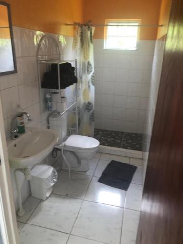 ein Bad mit einer Dusche, einem WC und einem Waschbecken in der Unterkunft Resident Emiterio in Blue Bay