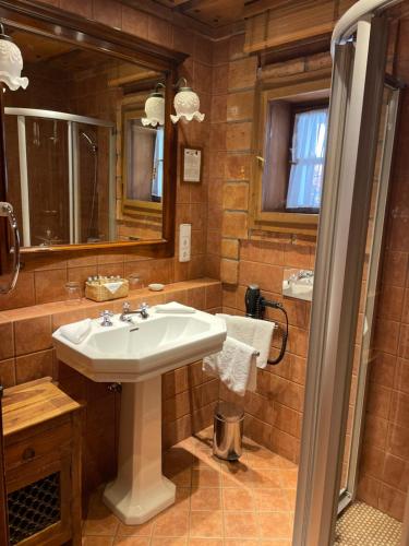 bagno con lavandino e specchio di Romantik Hotel U Raka a Praga