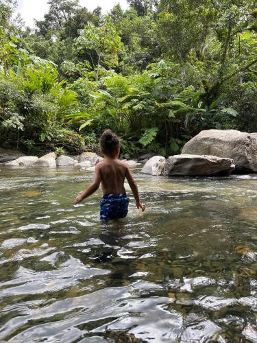 a young boy in the water in a river at Oceanfront Retreat in Playa Fortuna, Puerto Rico in Luquillo