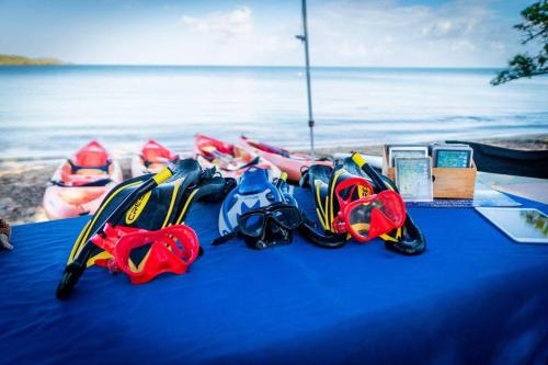 a blue table with a group of triathlonosedosedosedosedosedosedosed at Oceanfront Retreat in Playa Fortuna, Puerto Rico in Luquillo