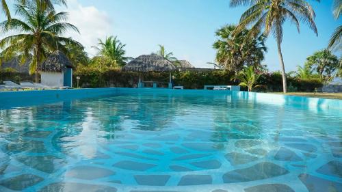 a swimming pool at a resort with palm trees at Relaxing Beach Front Villa in Mambrui
