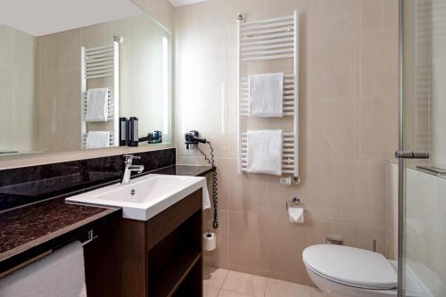 a bathroom with a sink and a toilet and a mirror at IntercityHotel Hamburg Dammtor-Messe in Hamburg