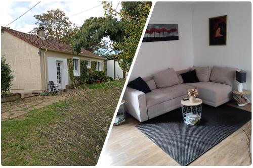 two pictures of a living room with a couch at Maison de village en bord de rivière in Narcy