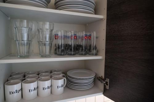 a cupboard filled with plates and cups and dishes at Kleines Häuschen für Monteure in Wörrstadt