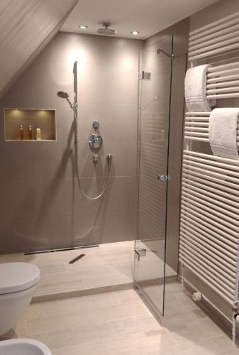 a bathroom with a shower and a toilet at Hotel Watthof in Rantum