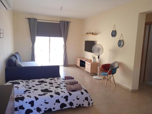 ein Schlafzimmer mit einem Bett, einem Stuhl und einem Fenster in der Unterkunft Xylophagou Rest and relax (2) Ayia Napa Larnaca in Xylophaghou