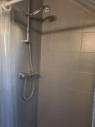 uma casa de banho com chuveiro e cabeça de chuveiro em Chambre aux portes du circuit em Mulsanne