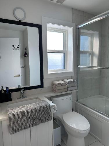 a bathroom with a toilet and a sink and a mirror at 2BR 1.5BA Full Kitchen Private Guest House - Free Parking - Central Location in Vancouver