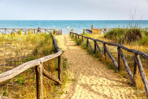 a dirt path to the beach with the ocean in the background at Lino delle Fate Eco Resort in Bibione