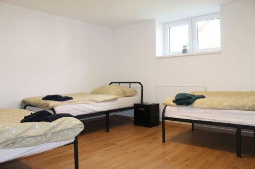 drie bedden in een kamer met een raam bij Ruhig gelegenes Apartment in Vaihingen an der Enz