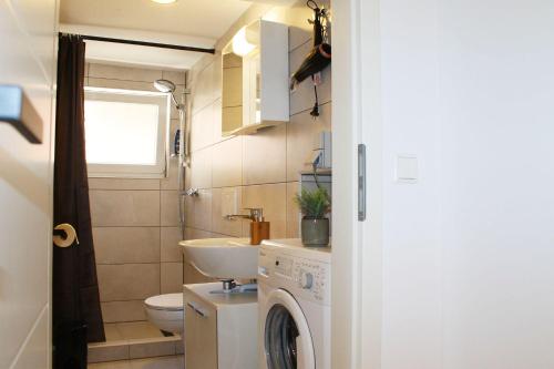 een kleine badkamer met een wastafel en een wasmachine bij Ruhig gelegenes Apartment in Vaihingen an der Enz