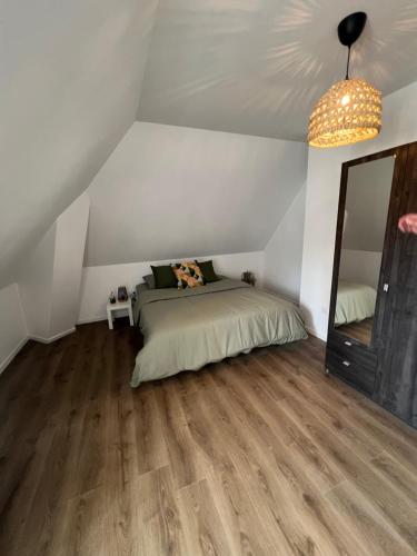 Schlafzimmer mit einem Bett und einem Spiegel in der Unterkunft Le Nid de Chantal in Brienne-le-Château