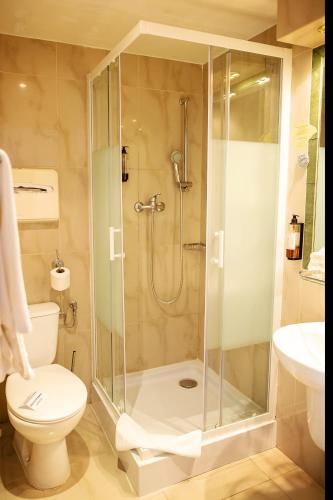 a bathroom with a shower and a toilet and a sink at Pietrak Hotel in Gniezno