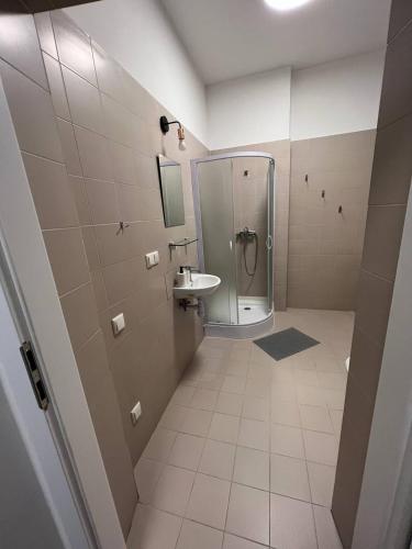 a bathroom with a shower and a sink at Centro Hostel in Vilnius