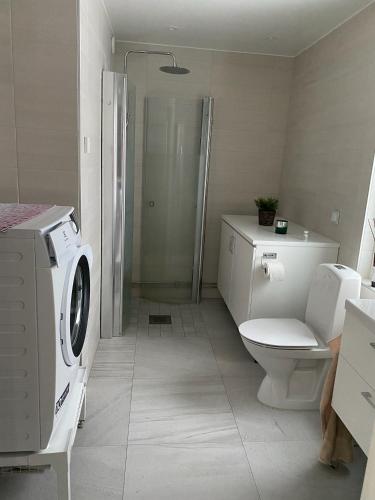 ein Badezimmer mit einem WC und einer Waschmaschine in der Unterkunft Natursköna in Borås