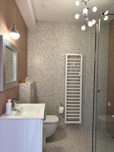 a bathroom with a toilet and a sink and a shower at Red Barn in Spała