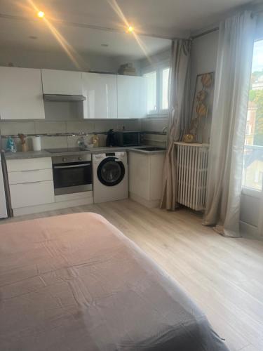 een keuken met een wasmachine in de kamer bij Le SerenityAppart Suresnes in Suresnes