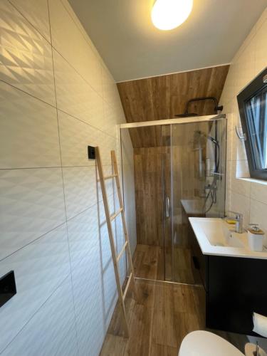 a bathroom with a shower and a sink at Samsara. Domek koło Międzygórza. in Jaworek