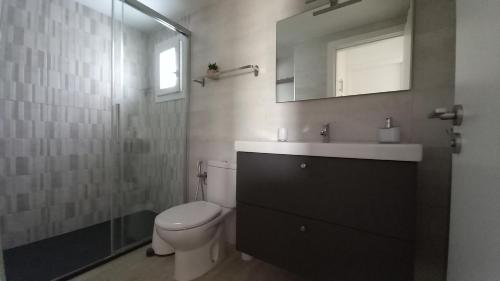 ein Badezimmer mit einem WC, einem Waschbecken und einem Spiegel in der Unterkunft Casa Ila Flower Beach in Playa Honda